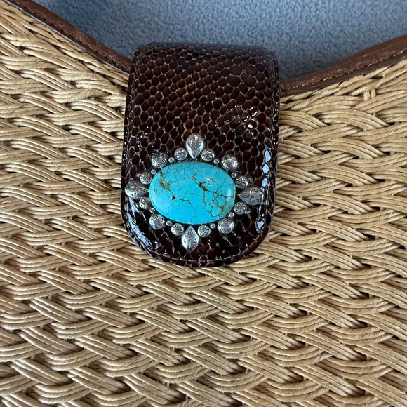 Brighton Straw Shoulder Bag Womens Tan Brown Turquoise Concho Heart Charm
